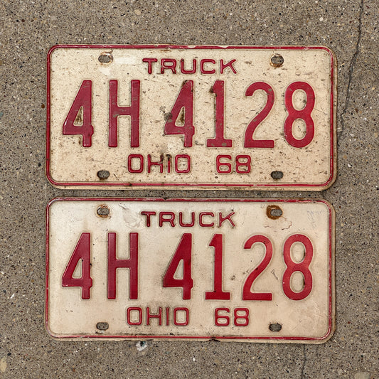Photo of a 1968 Ohio Truck License Plate Pair Auto Tag Garage Decor Vintage 4 H 4128 with original patina