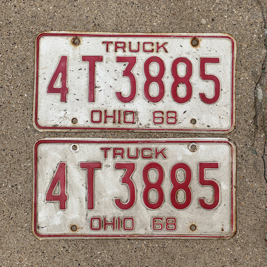 Photo of a 1968 Ohio Truck License Plate Pair Auto Tag Garage Decor Vintage 4 T 3885 with original patina