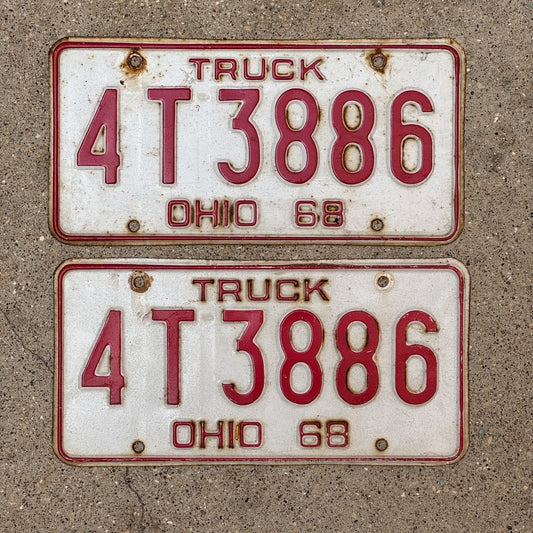 Photo of a 1968 Ohio Truck License Plate Pair Auto Tag Garage Decor Vintage 4 T 3886 with original patina