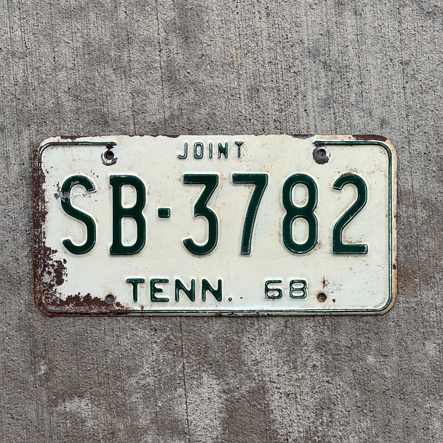 Photo of a 1968 Tennessee Joint Truck License Plate Auto Tag Garage Decor Vintage SB 3782 with original patina