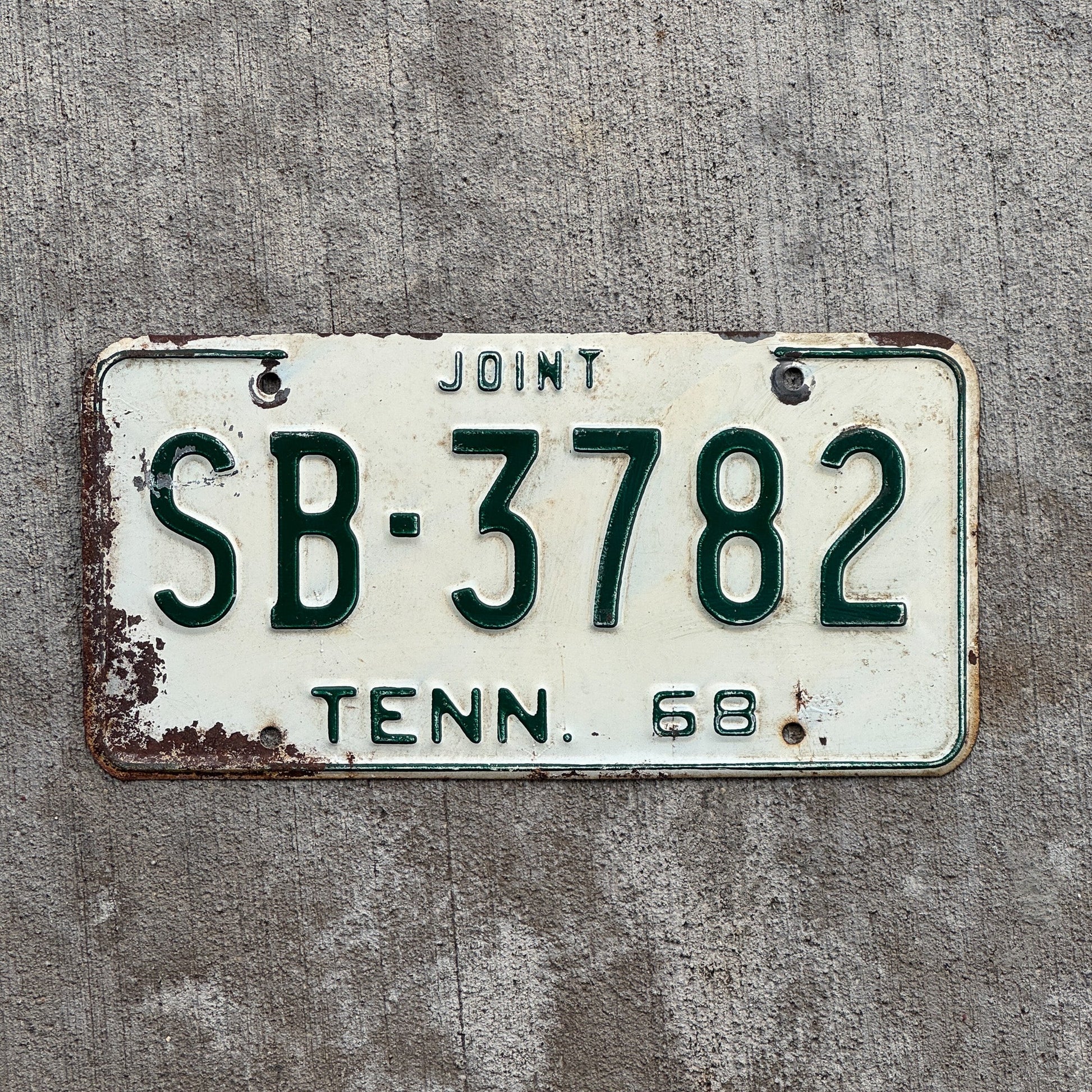 Photo of a 1968 Tennessee Joint Truck License Plate Auto Tag Garage Decor Vintage SB 3782 with original patina