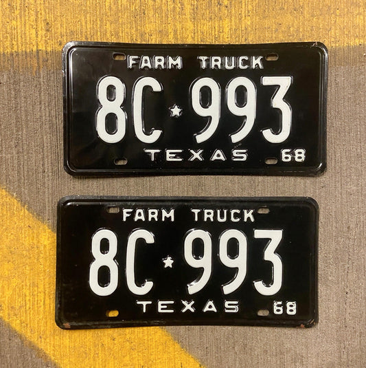 Photo of a 1968 Texas Farm Truck License Plate Pair Auto Tag Garage Decor Vintage 8C 993 with original patina