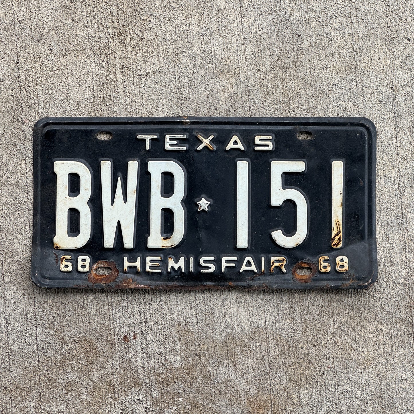 Photo of a 1968 Texas License Plate Auto Tag Garage Decor Vintage BWB 151 with original patina