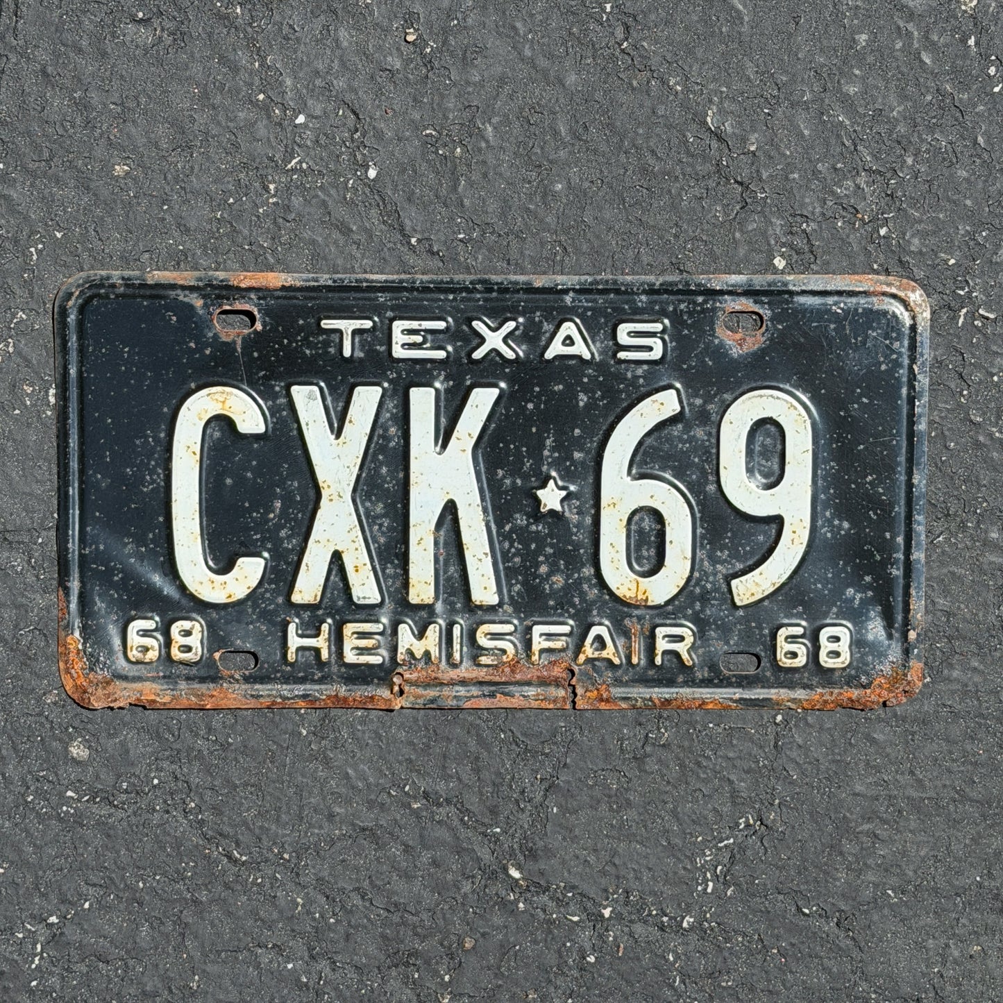 Photo of a 1968 Texas License Plate Auto Tag Garage Decor Vintage CXK 69 with original patina