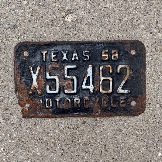 Photo of a 1968 Texas Motorcycle License Plate Auto Tag Garage Decor Vintage X 55462 with original patina