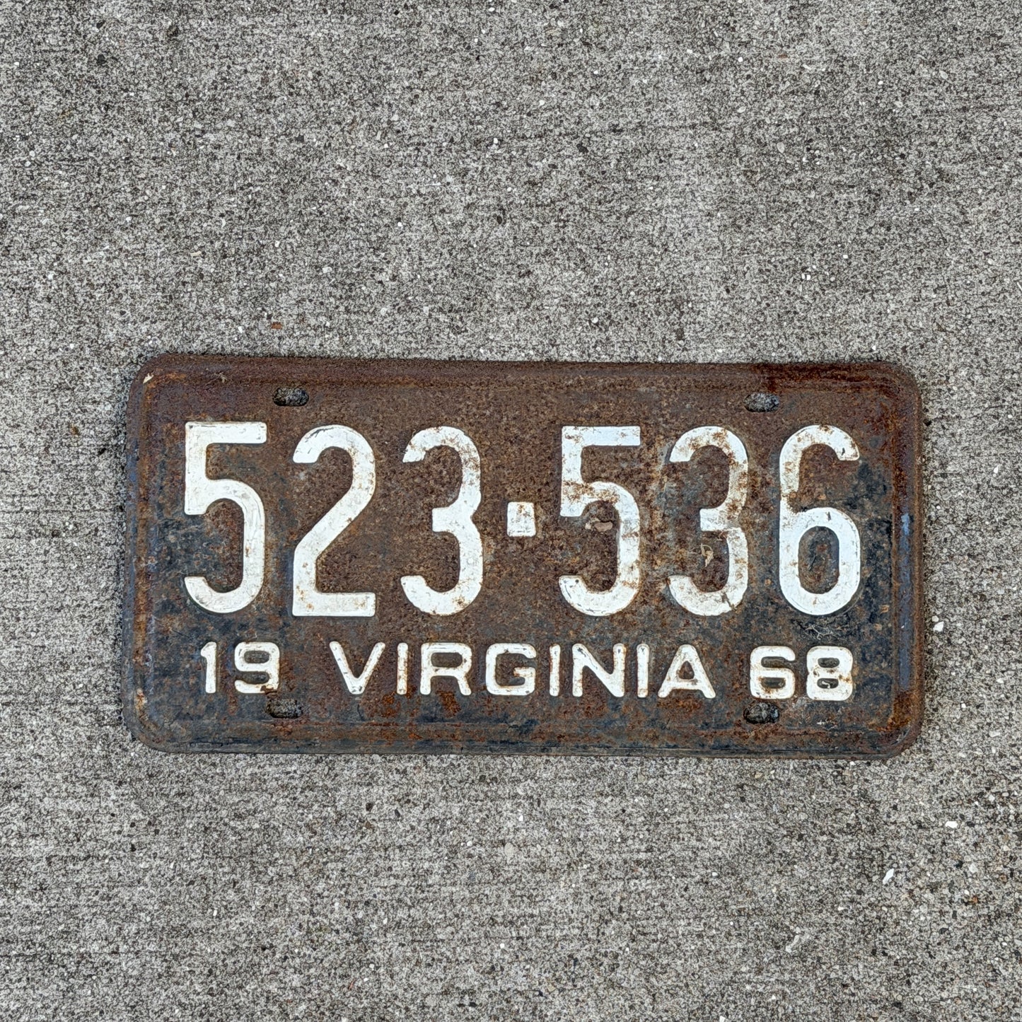 Photo of a 1968 Virginia License Plate Auto Tag Garage Decor Vintage 523 536 with original patina