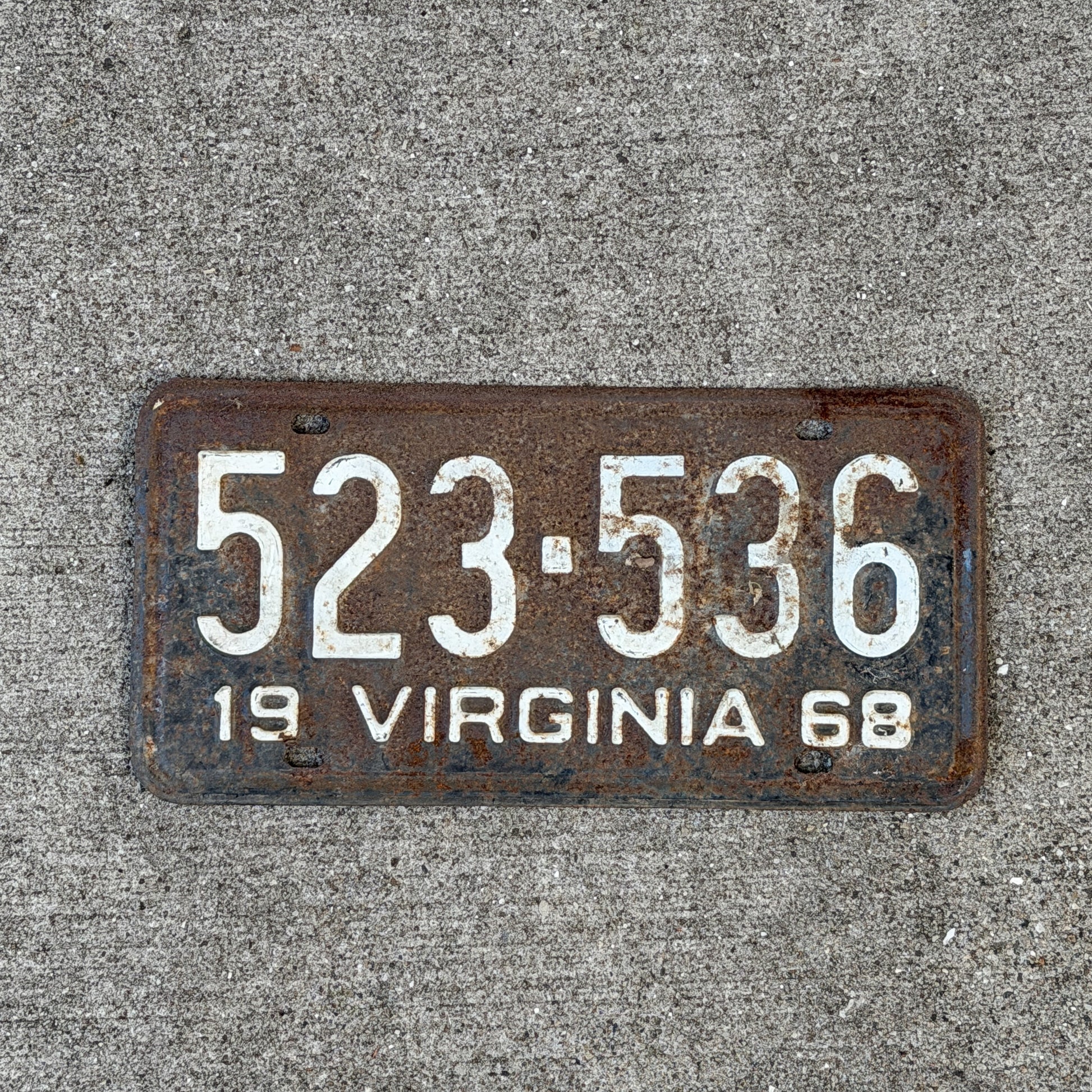 Photo of a 1968 Virginia License Plate Auto Tag Garage Decor Vintage 523 536 with original patina