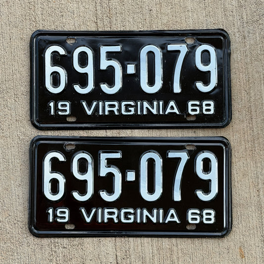 Photo of a 1968 Virginia License Plate Pair Auto Tag Garage Decor Vintage High Quality 695 079 with original patina