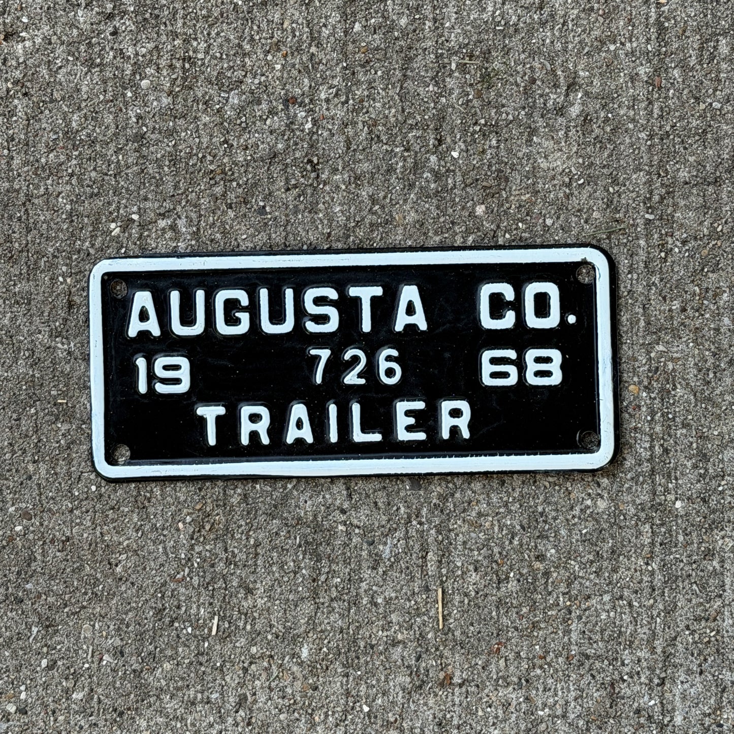 Photo of a 1968 Virginia Trailer License Plate Auto Tag Garage Decor Vintage Augusta 726 with original patina