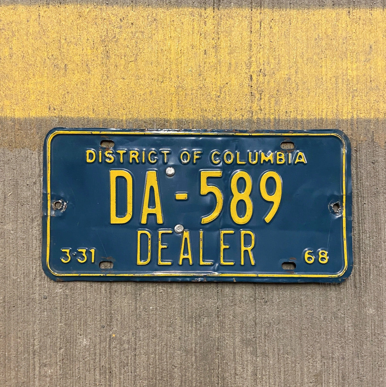 Photo of a 1968 Washington DC Dealer License Plate Auto Tag Garage Decor Vintage DA 589 with original patina