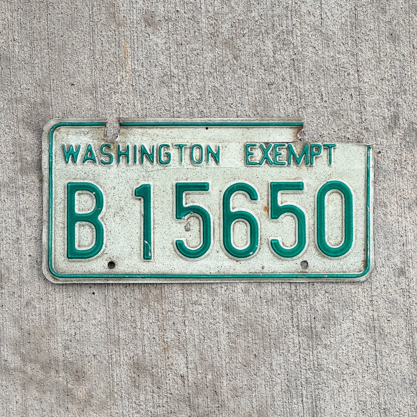 Photo of a 1968 Washington State Exempt License Plate Auto Tag Garage Decor Vintage B 15650 with original patina