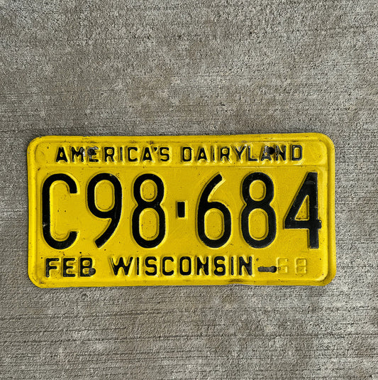 Photo of a 1968 Wisconsin License Plate Auto Tag Garage Decor Vintage C 98 684 with original patina