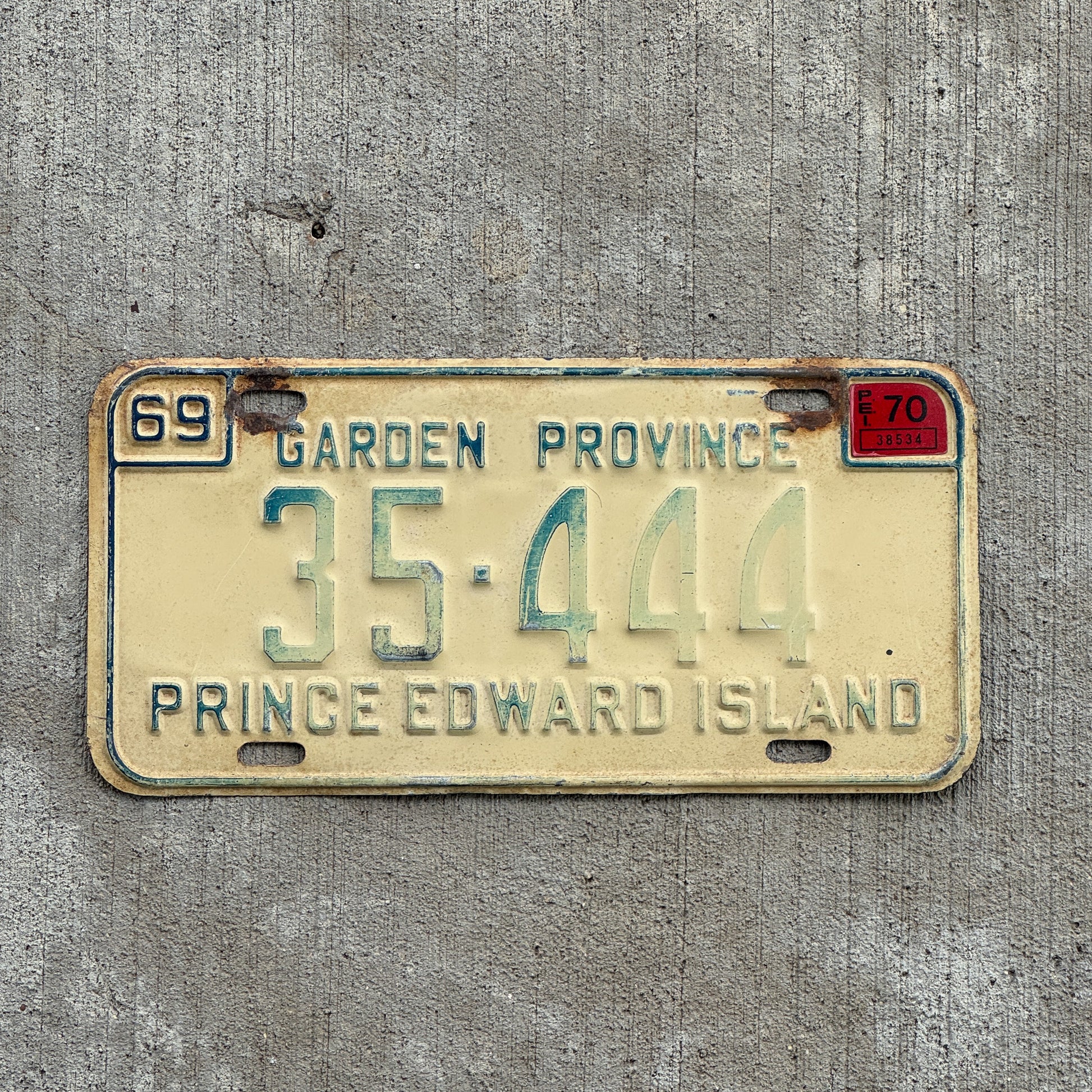 Photo of a 1969 1970 Prince Edward Island License Plate Auto Tag Garage Decor Vintage PEI Repeat Repeating 35 444 with original patina