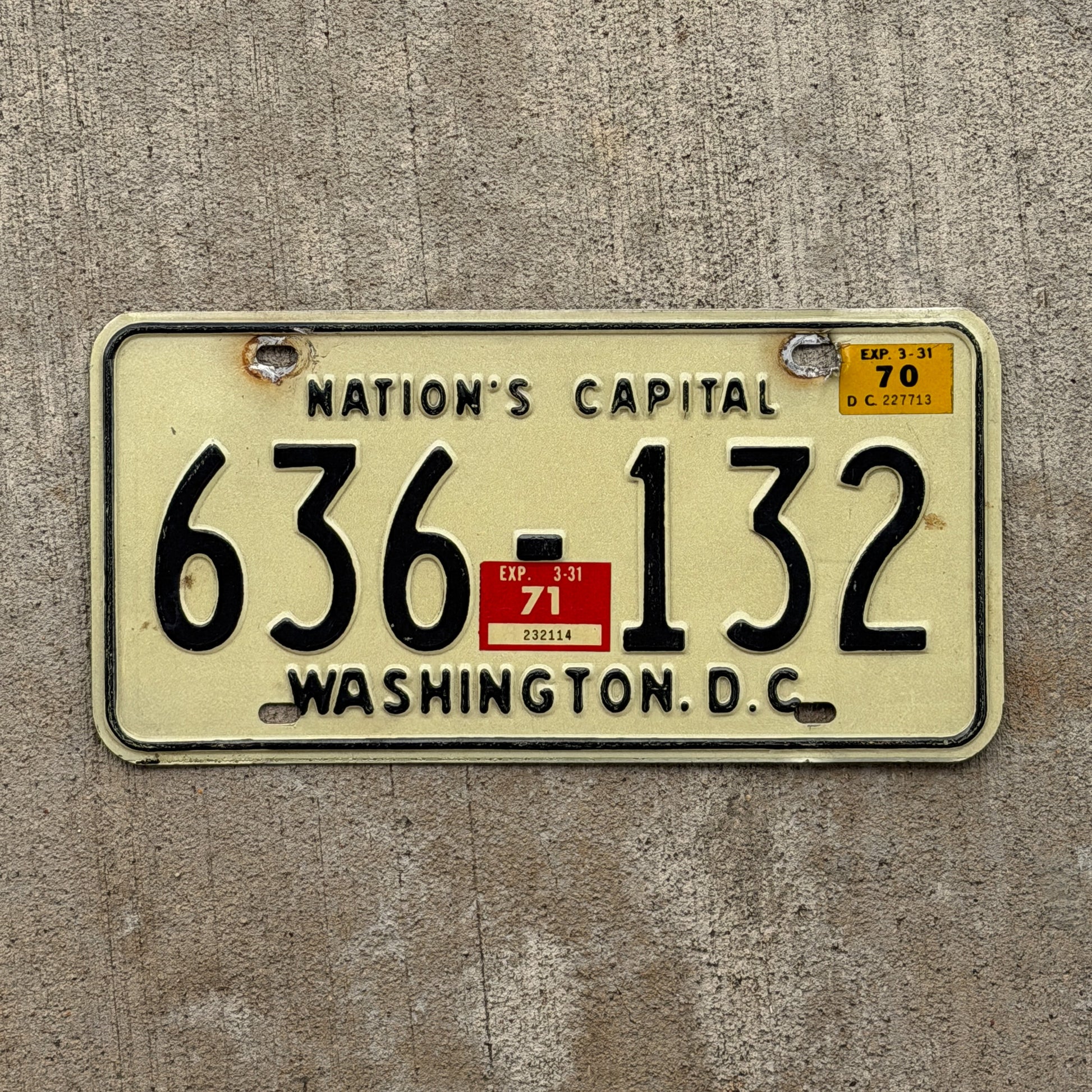 Photo of a 1969 1971 Washington DC License Plate Auto Tag Garage Decor Vintage 636 132 with original patina