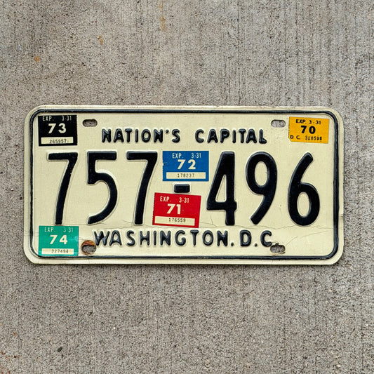 Photo of a 1969 1974 Washington DC License Plate Auto Tag Garage Decor Vintage 757 496 with original patina