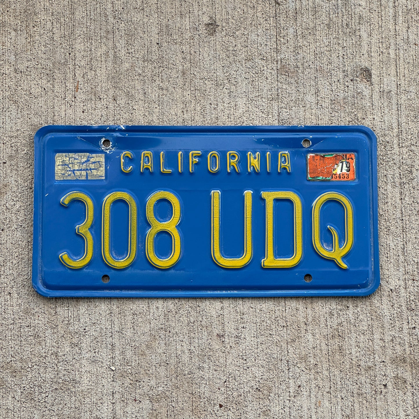 Photo of a 1969 1979 California License Plate Auto Tag Garage Decor Vintage 308 UDQ with original patina