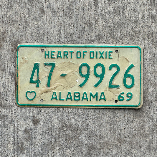 Photo of a 1969 Alabama License Plate Auto Tag Garage Decor Vintage Heart of Dixie 47 9926 with original patina