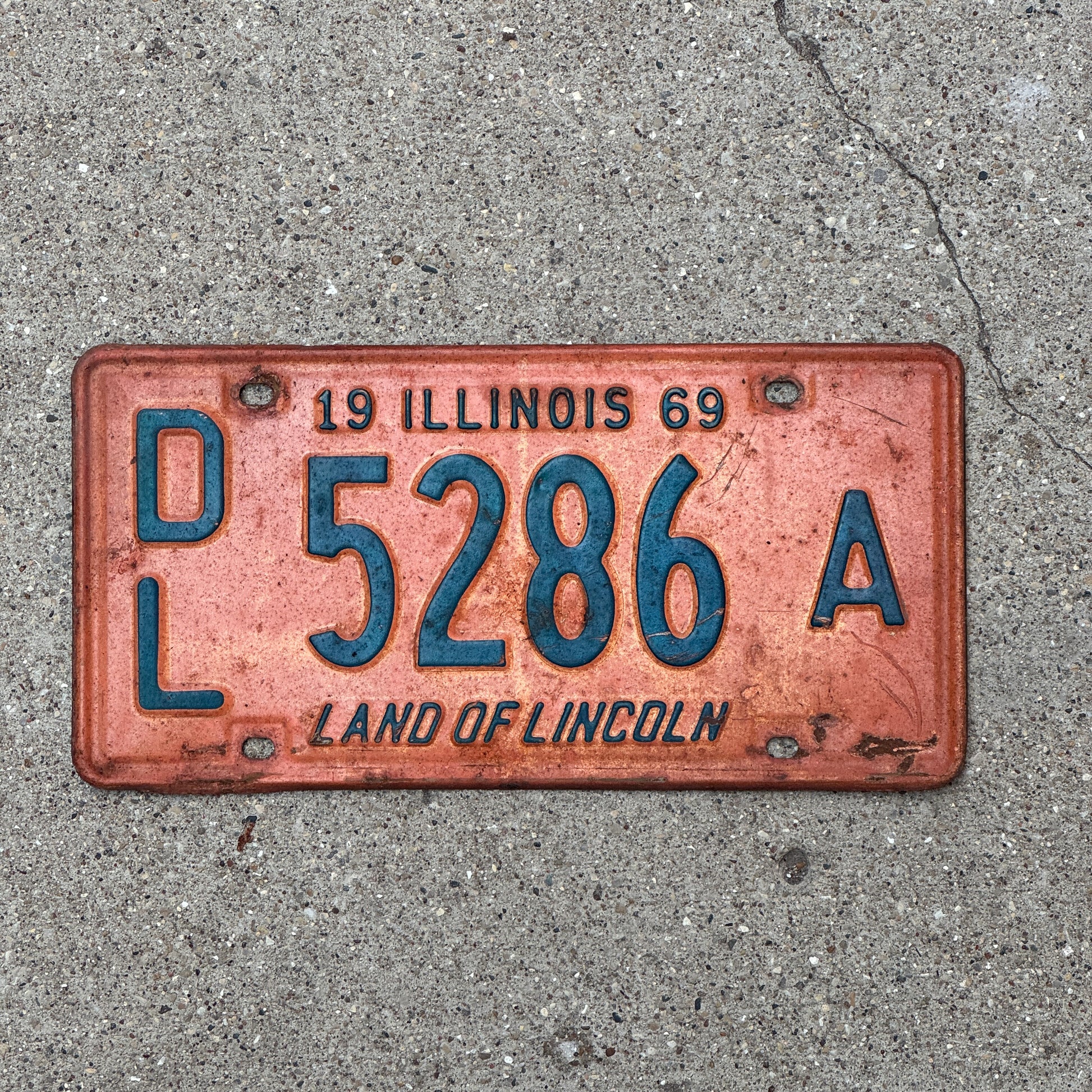 Photo of a 1969 Illinois Dealer License Plate Auto Tag 2 Vintage Garage 5286 A with original patina