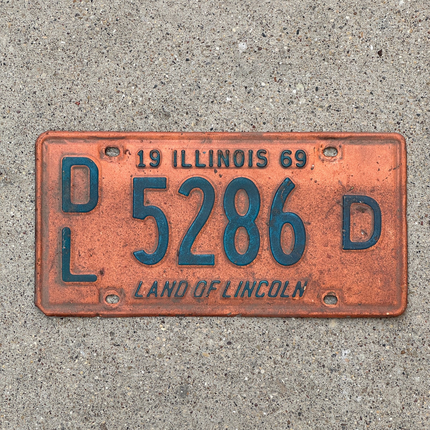 Photo of a 1969 Illinois Dealer License Plate Auto Tag 2 Vintage Garage 5286 D with original patina