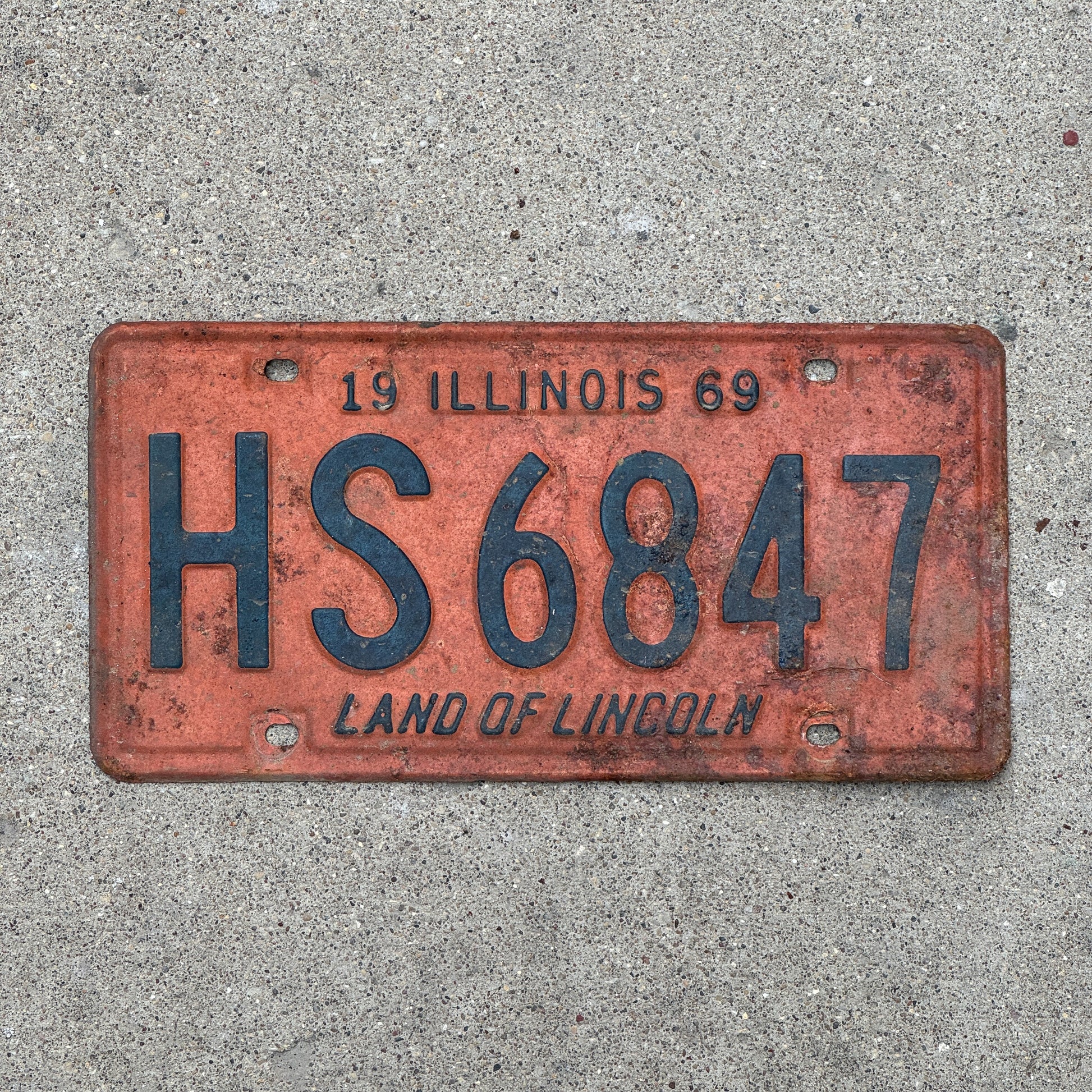 Photo of a 1969 Illinois License Plate Auto Tag 1 Vintage Garage HS 6847 with original patina