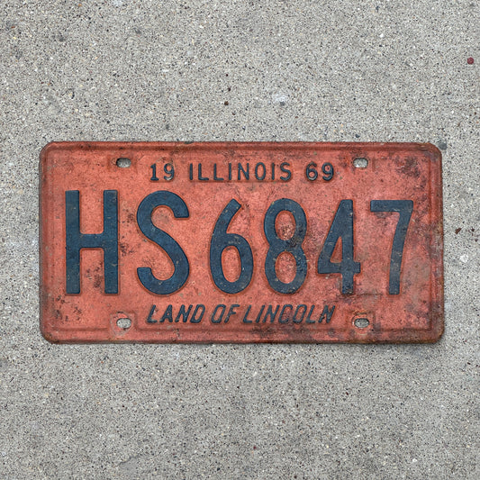 Photo of a 1969 Illinois License Plate Auto Tag 1 Vintage Garage HS 6847 with original patina