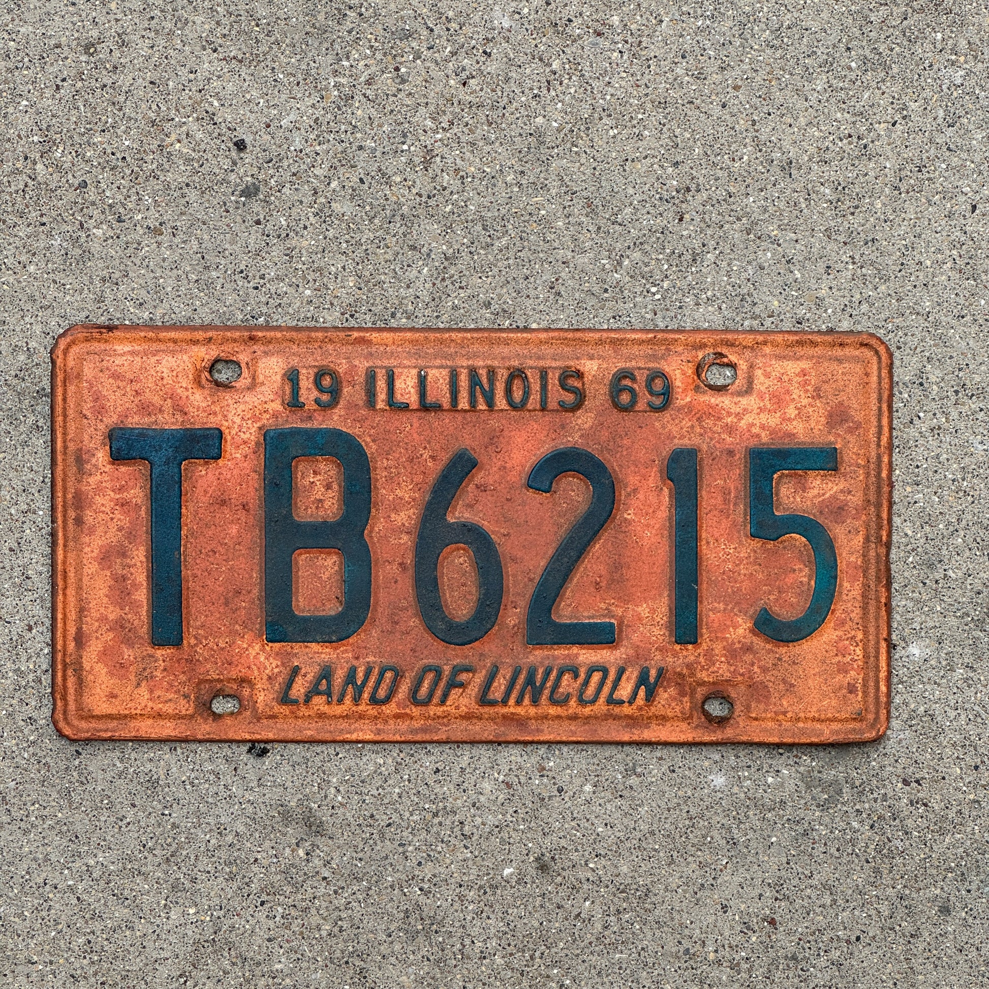 Photo of a 1969 Illinois License Plate Auto Tag 1 Vintage Garage TB 6215 with original patina