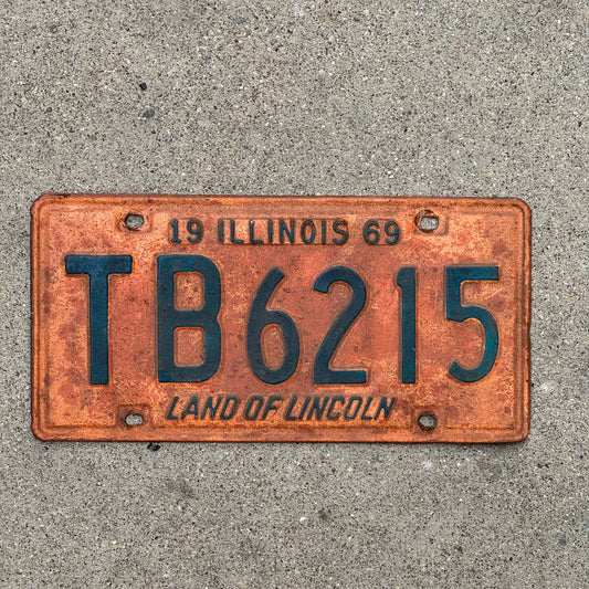 Photo of a 1969 Illinois License Plate Auto Tag 1 Vintage Garage TB 6215 with original patina