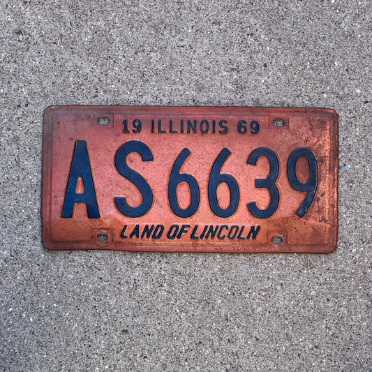 Photo of a 1969 Illinois License Plate Auto Tag 2 Vintage Garage AS 6639 with original patina