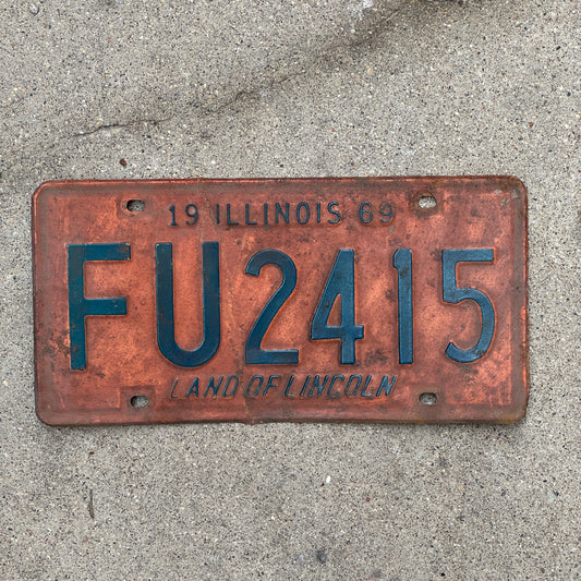 Photo of a 1969 Illinois License Plate Auto Tag 2 Vintage Garage FU 2415 with original patina
