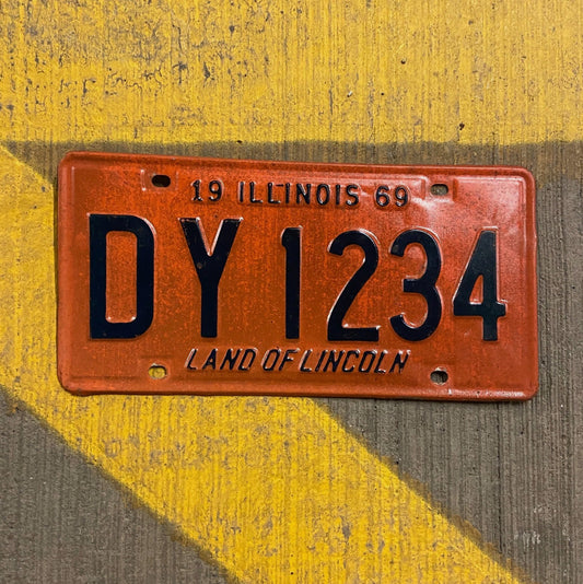 Photo of a 1969 Illinois License Plate Auto Tag 2 Vintage Garage Nice Number DY 1234 with original patina