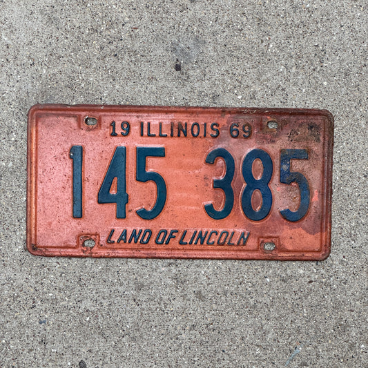 Photo of a 1969 Illinois License Plate Auto Tag Garage Decor Vintage 145 385 with original patina