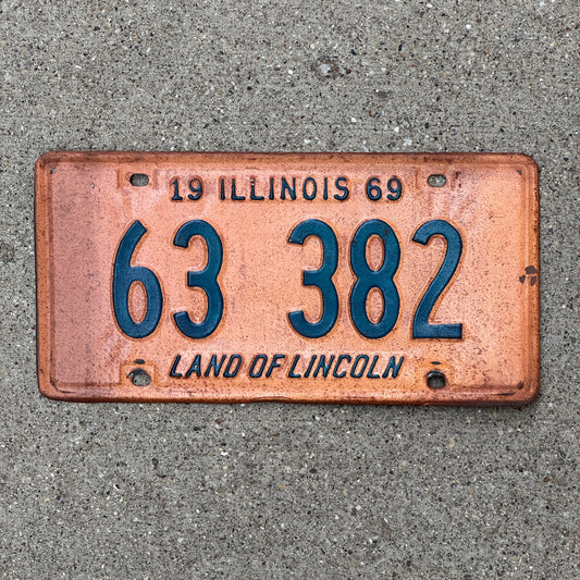 Photo of a 1969 Illinois License Plate Auto Tag Garage Decor Vintage 63 382 with original patina