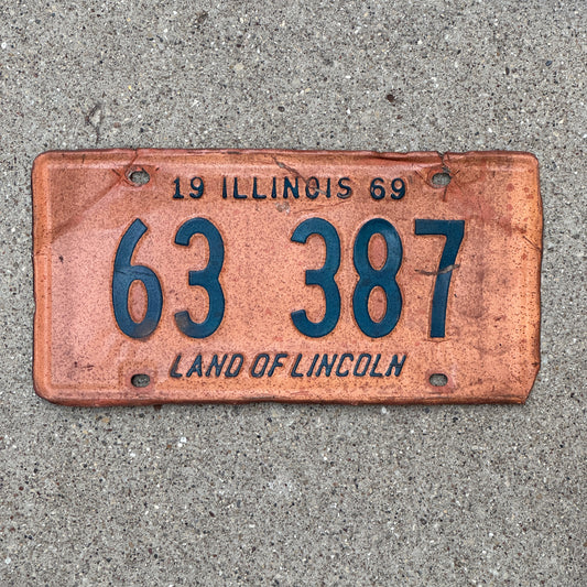 Photo of a 1969 Illinois License Plate Auto Tag Garage Decor Vintage 63 387 with original patina