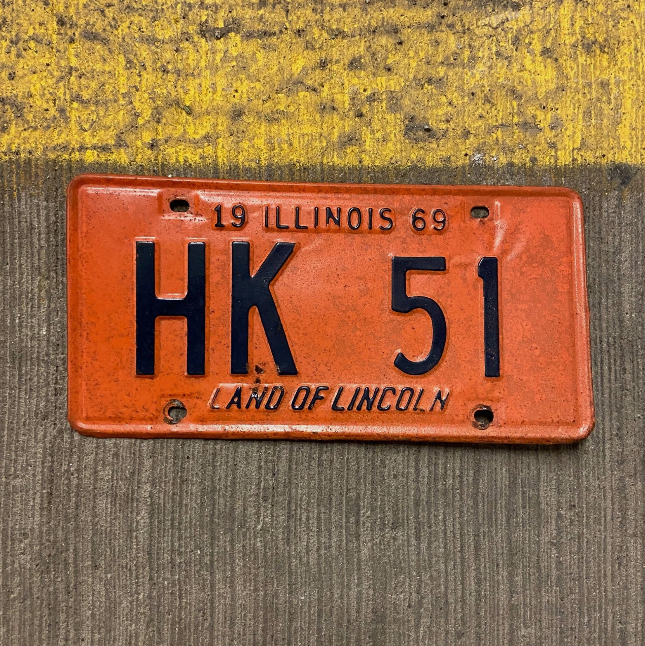 Photo of a 1969 Illinois License Plate Auto Tag Garage Decor Vintage HK 51 with original patina