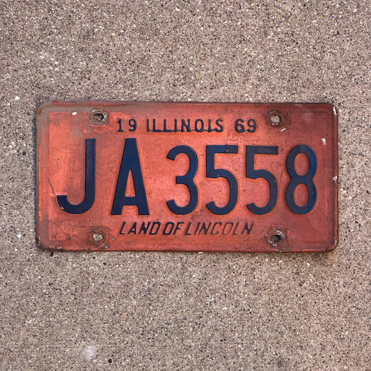 Photo of a 1969 Illinois License Plate Auto Tag Garage Decor Vintage JA 3558 with original patina