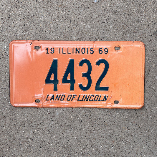 Photo of a 1969 Illinois License Plate Auto Tag Garage Decor Vintage Low Number Four Digit 4432 with original patina