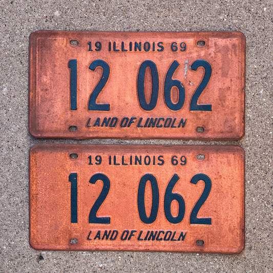 Photo of a 1969 Illinois License Plate Pair Auto Tag Garage Decor Vintage 12 062 with original patina