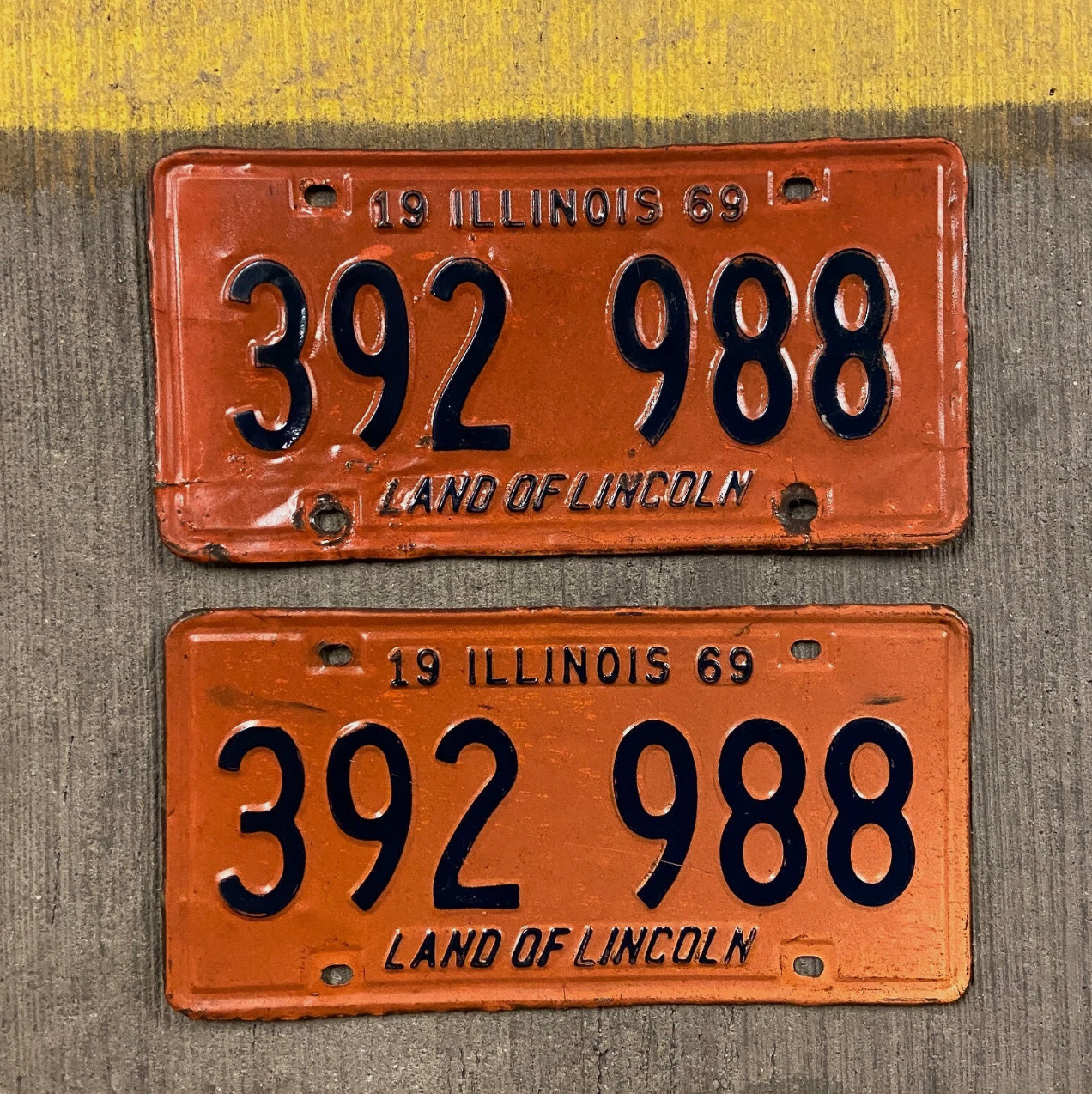 Photo of a 1969 Illinois License Plate Pair Auto Tag Garage Decor Vintage 392 988 with original patina