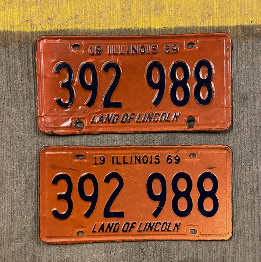 Photo of a 1969 Illinois License Plate Pair Auto Tag Garage Decor Vintage 392 988 with original patina