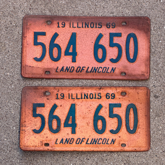 Photo of a 1969 Illinois License Plate Pair Auto Tag Garage Decor Vintage 564 650 with original patina