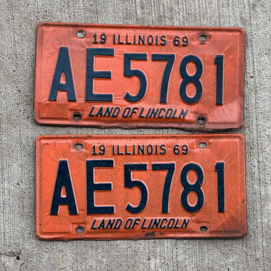Photo of a 1969 Illinois License Plate Pair Auto Tag Garage Decor Vintage AE 5781 with original patina