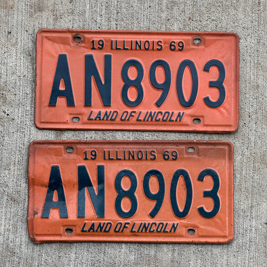 Photo of a 1969 Illinois License Plate Pair Auto Tag Garage Decor Vintage AN 8903 with original patina