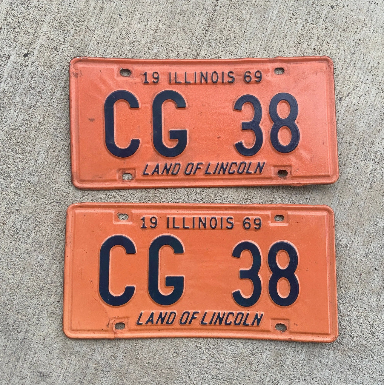 Photo of a 1969 Illinois License Plate Pair Auto Tag Garage Decor Vintage CG 38 with original patina