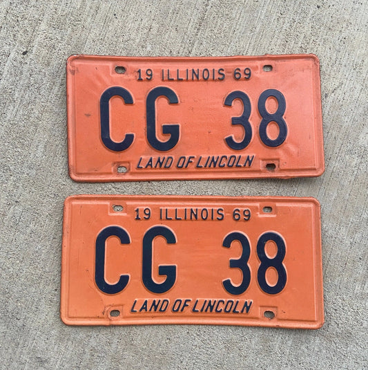 Photo of a 1969 Illinois License Plate Pair Auto Tag Garage Decor Vintage CG 38 with original patina