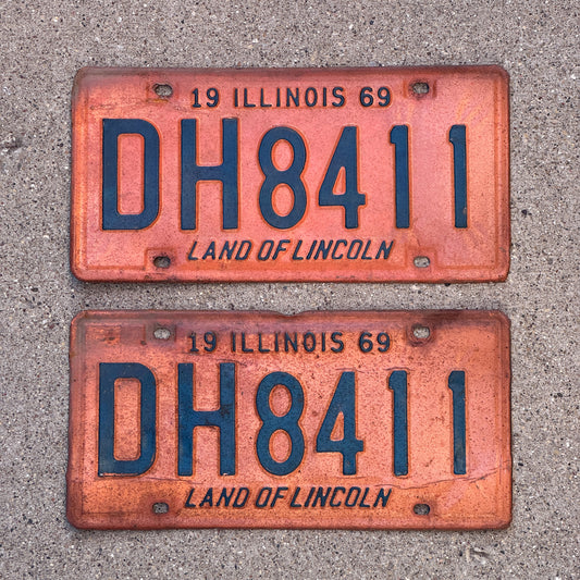 Photo of a 1969 Illinois License Plate Pair Auto Tag Garage Decor Vintage DH 8411 with original patina