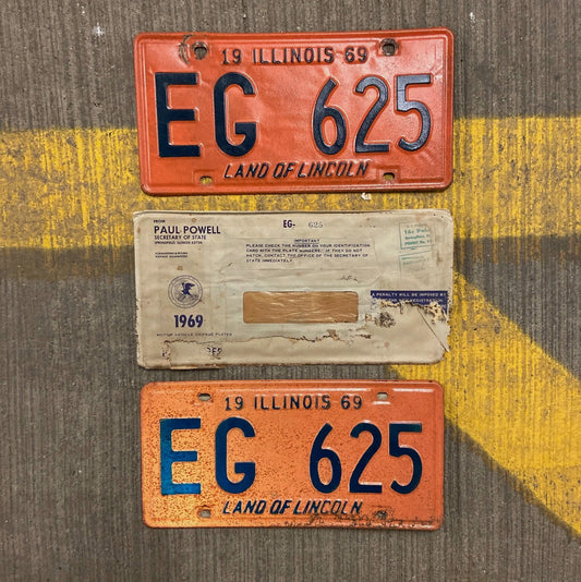 Photo of a 1969 Illinois License Plate Pair Auto Tag Garage Decor Vintage EG 625 with original patina