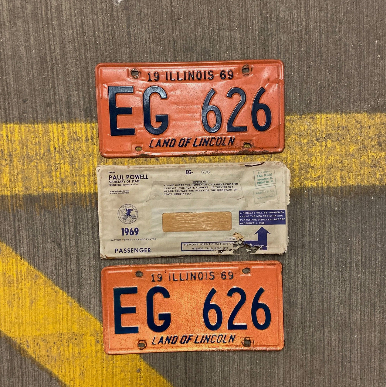 Photo of a 1969 Illinois License Plate Pair Auto Tag Garage Decor Vintage EG 626 with original patina