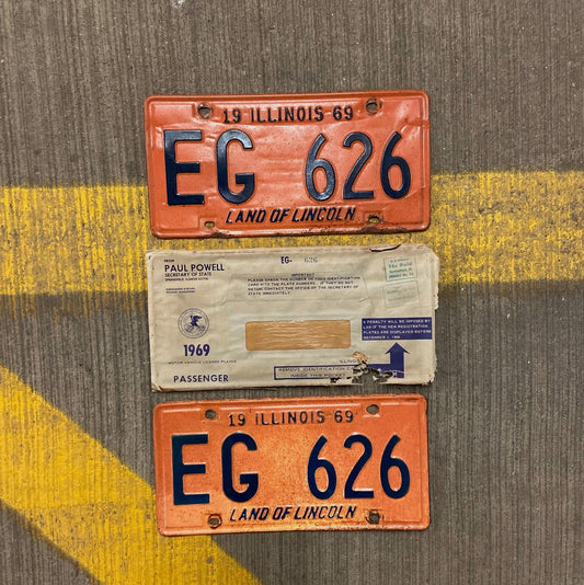 Photo of a 1969 Illinois License Plate Pair Auto Tag Garage Decor Vintage EG 626 with original patina