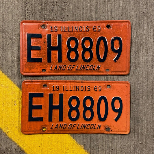 Photo of a 1969 Illinois License Plate Pair Auto Tag Garage Decor Vintage EH 8809 with original patina