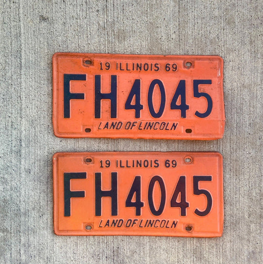 Photo of a 1969 Illinois License Plate Pair Auto Tag Garage Decor Vintage FH 4045 with original patina